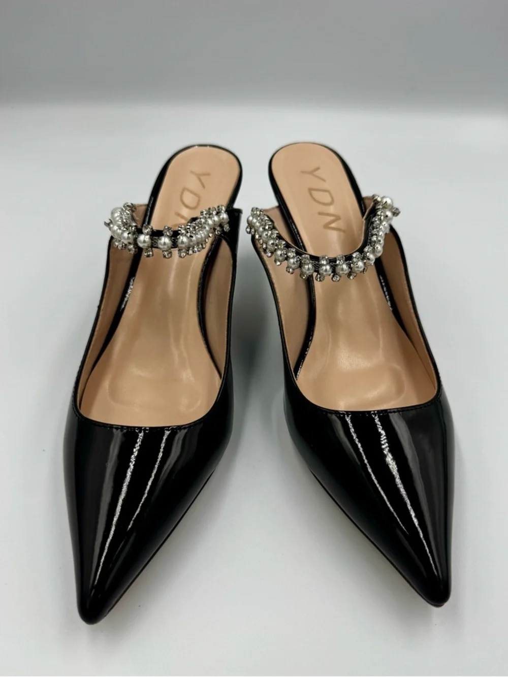 YDN Black Patent Leather Pearl Embellished Mules Spiral Sculptural Heel Size 9